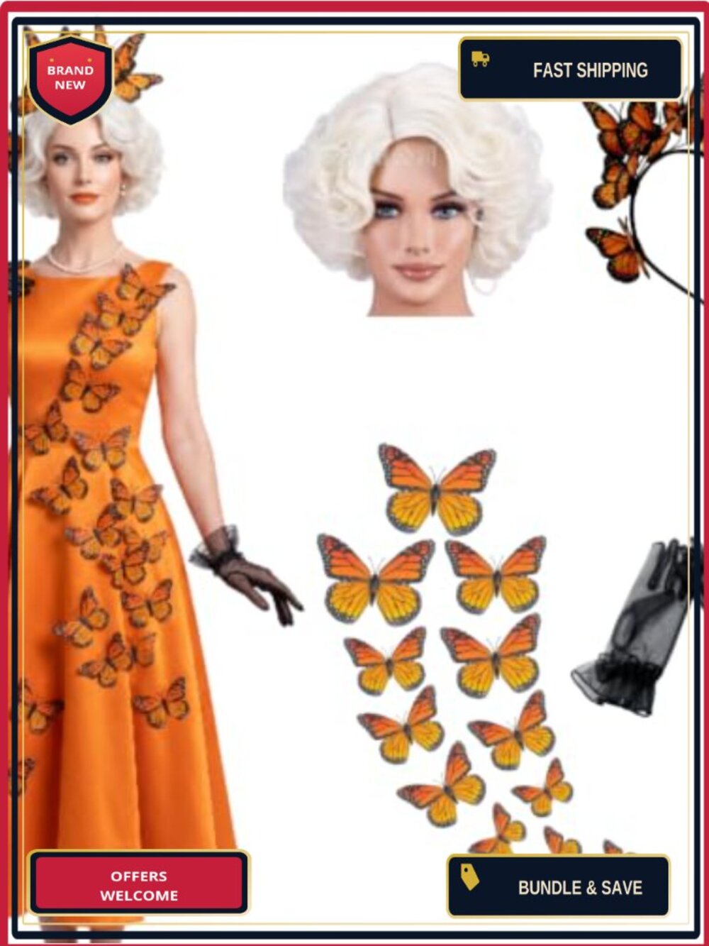 Curly Wig Butterfly Headband Cosplay Accessory Set Halloween Costume
